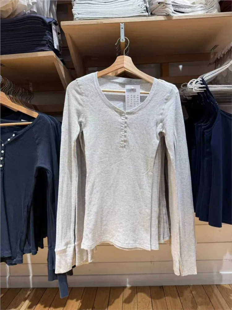 Waffle Button Gray Long Sleeve Tee Women Autumn Cotton Buttons Slim TShirt Zelly Tops Shoujo Clothes Simple Basic Sweet T-shirts