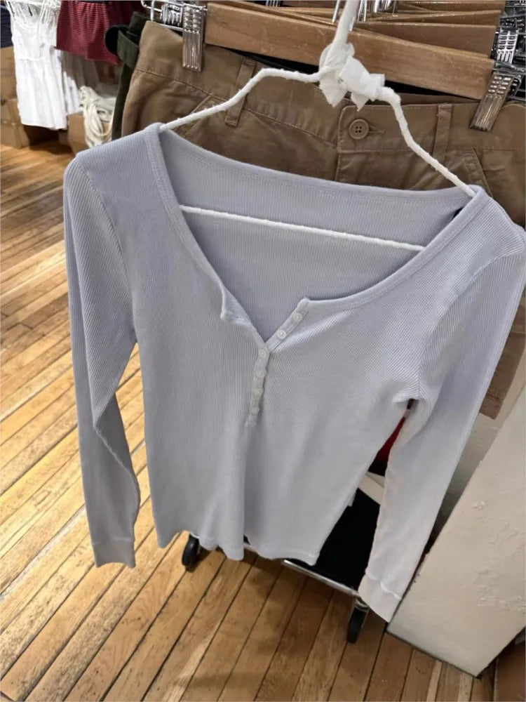 Sweet Blue Ribbed Buttons T-shirt Women Buttons O-Neck Cotton Slim Long Sleeve Tee Cute Vintage Preppy Style T Shirt Y2K Top New