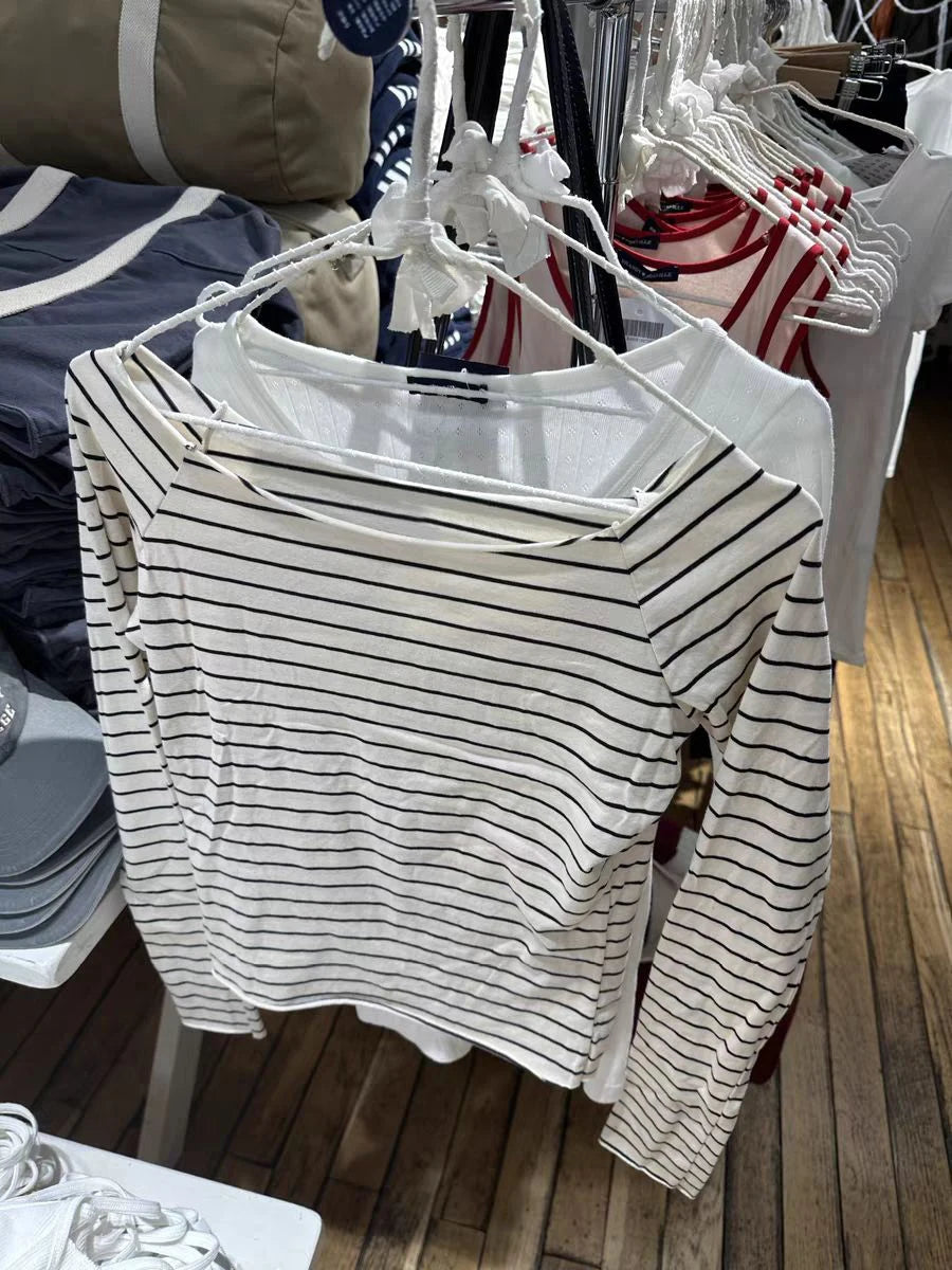 Vintage Black Striped Long Sleeve T-shirt Women Autumn All-match Raw Hem Slash Neck Slim Tees Casual Streetwear Tshirts Y2K Tops