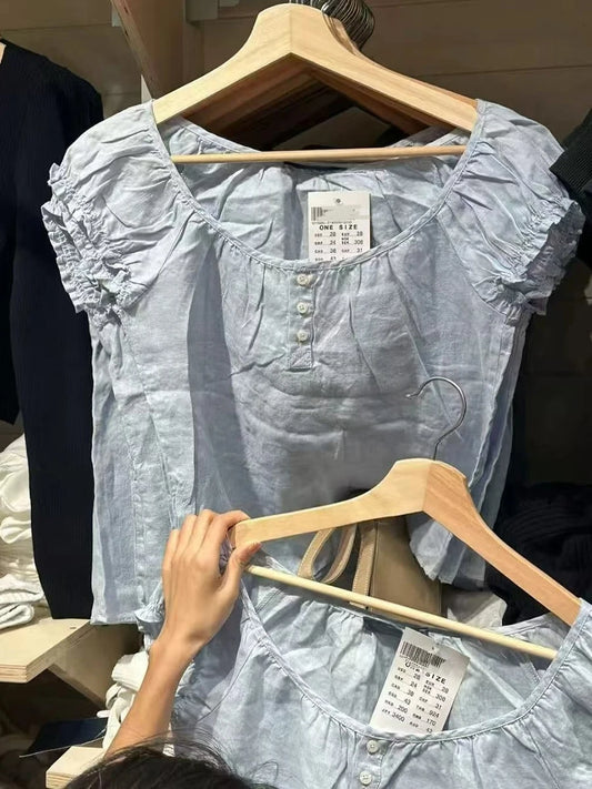 Blue Lace-up Ruffles Sleeve Tees Women Summer Casual Flax Cotton U-neck Buttons Tops Preppy Style Sweet Cute T-shirts New
