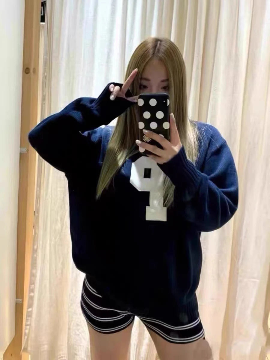 Simple Letter Embroidery Sweater Women American O-neck Street Loose Cotton Knitted Pullover Tops Vintage Harajuku Jumper Y2K