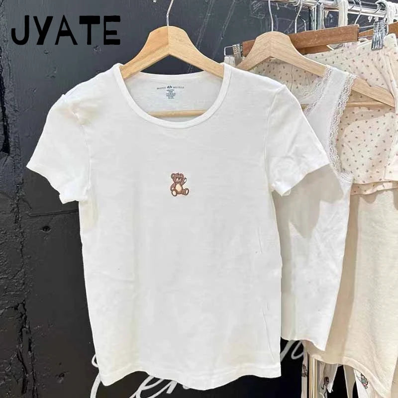 New Cute Little Girl Embroidery T-shirt Woman O-Neck Slim Short Sleeve Cotton Tees Tops Spring Casual Sweet Y2K Tshirts