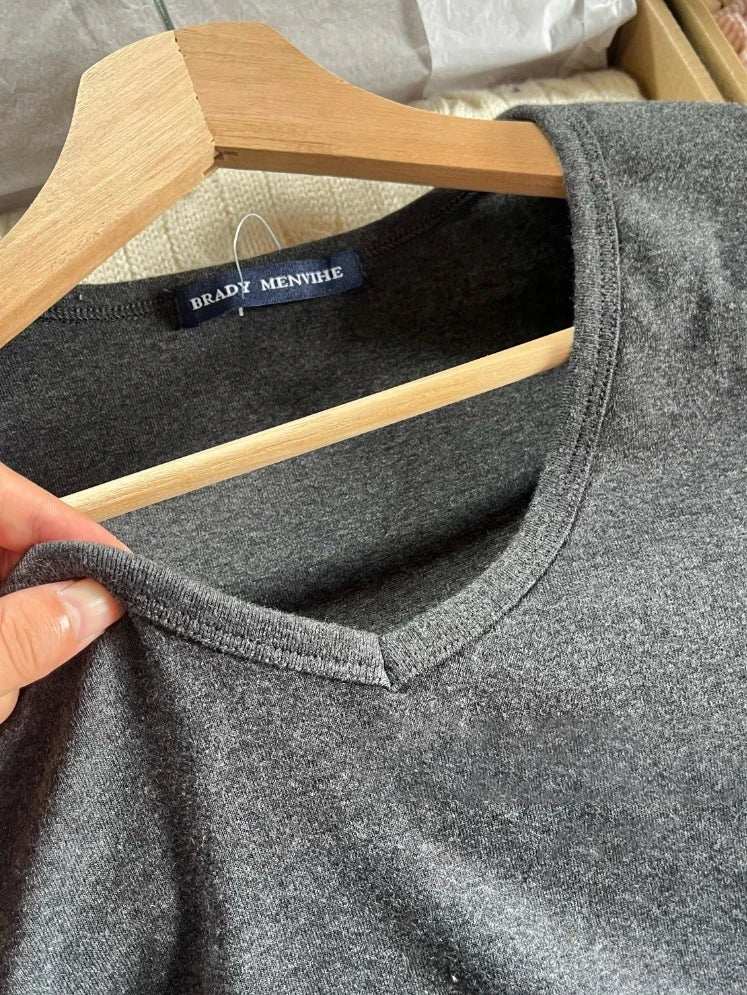 Dark Gray Lace Trim V-neck Short Sleeve Tee Women New Cotton Casual Simple Slim Tops Clothes Vintage Basic Preppy Style T-shirt