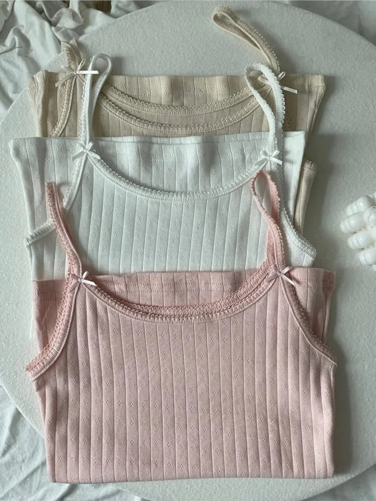 Lace Trim Eyelet Bow Tank Tops Women Cotton Soft Casual Solid Slim Basic Sleeveless Vests Sweet Cute Preppy Style Camisole