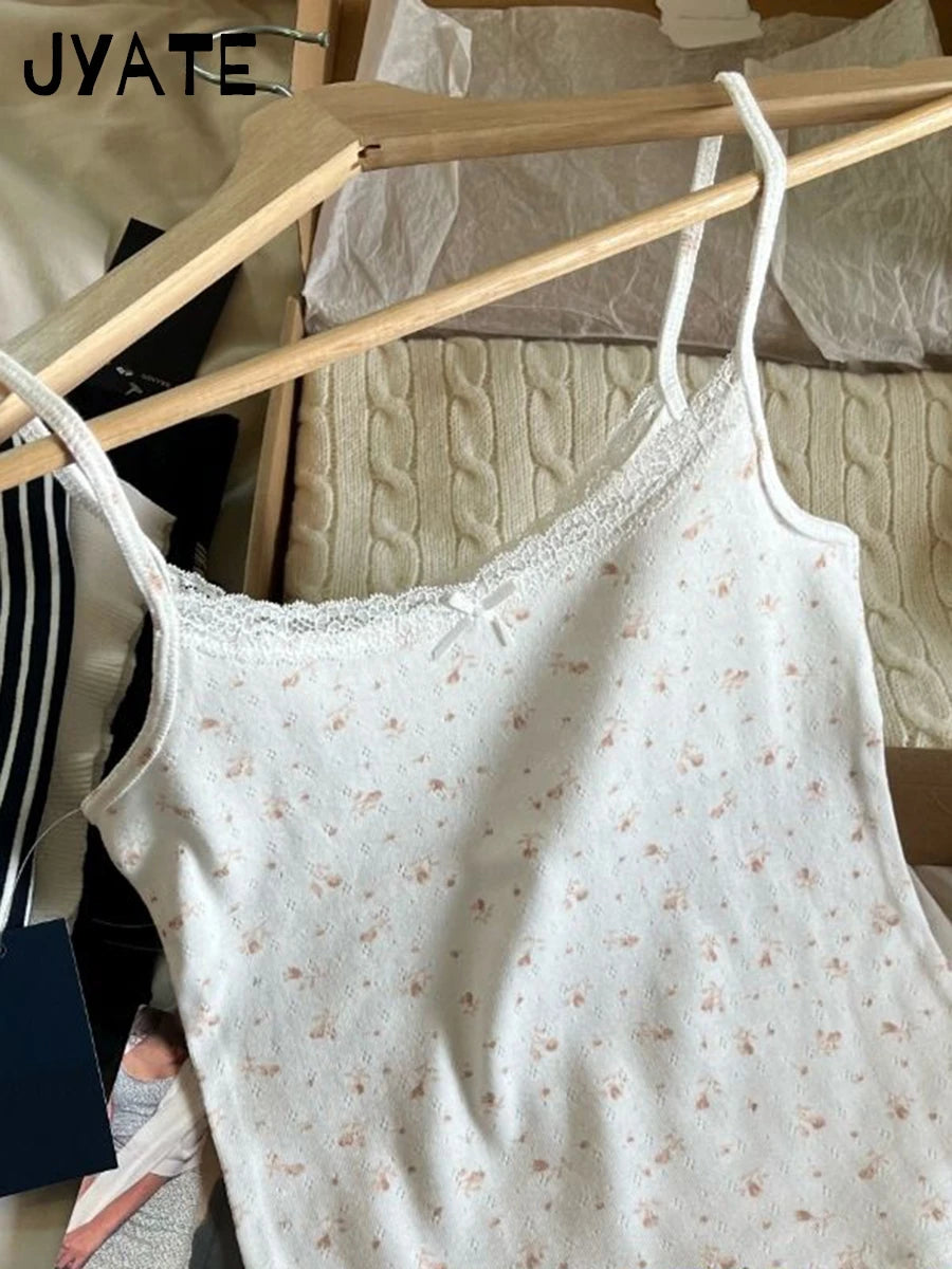 Pink Floral Print Lace Trim Tank Tops Women Summer New Cotton Bow Casual Chic Simple Camisole Girl Sweet Cute Vintage Vests Y2K