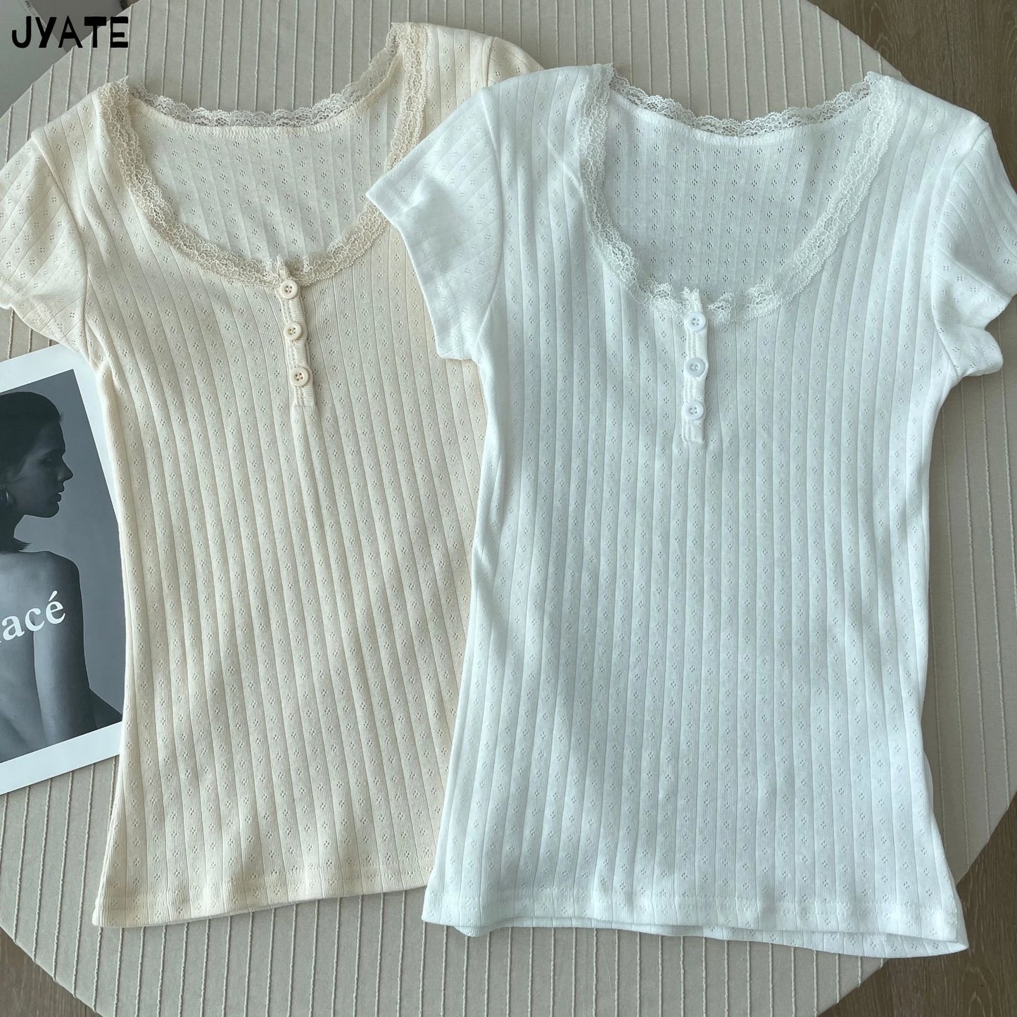 Eyelet Lace Trim Buttons Short Sleeve Tees Women New Casual Slim Streetwear Tops Femme Sweet Vintage Preppy Style T-shirts Y2K