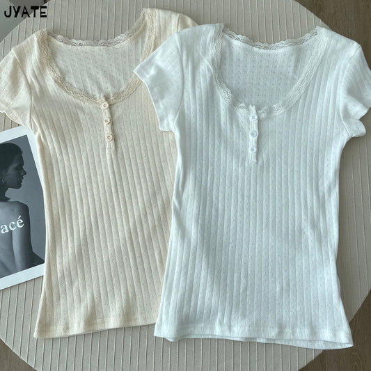Eyelet Lace Trim Buttons Short Sleeve Tees Women New Casual Slim Streetwear Tops Femme Sweet Vintage Preppy Style T-shirts Y2K