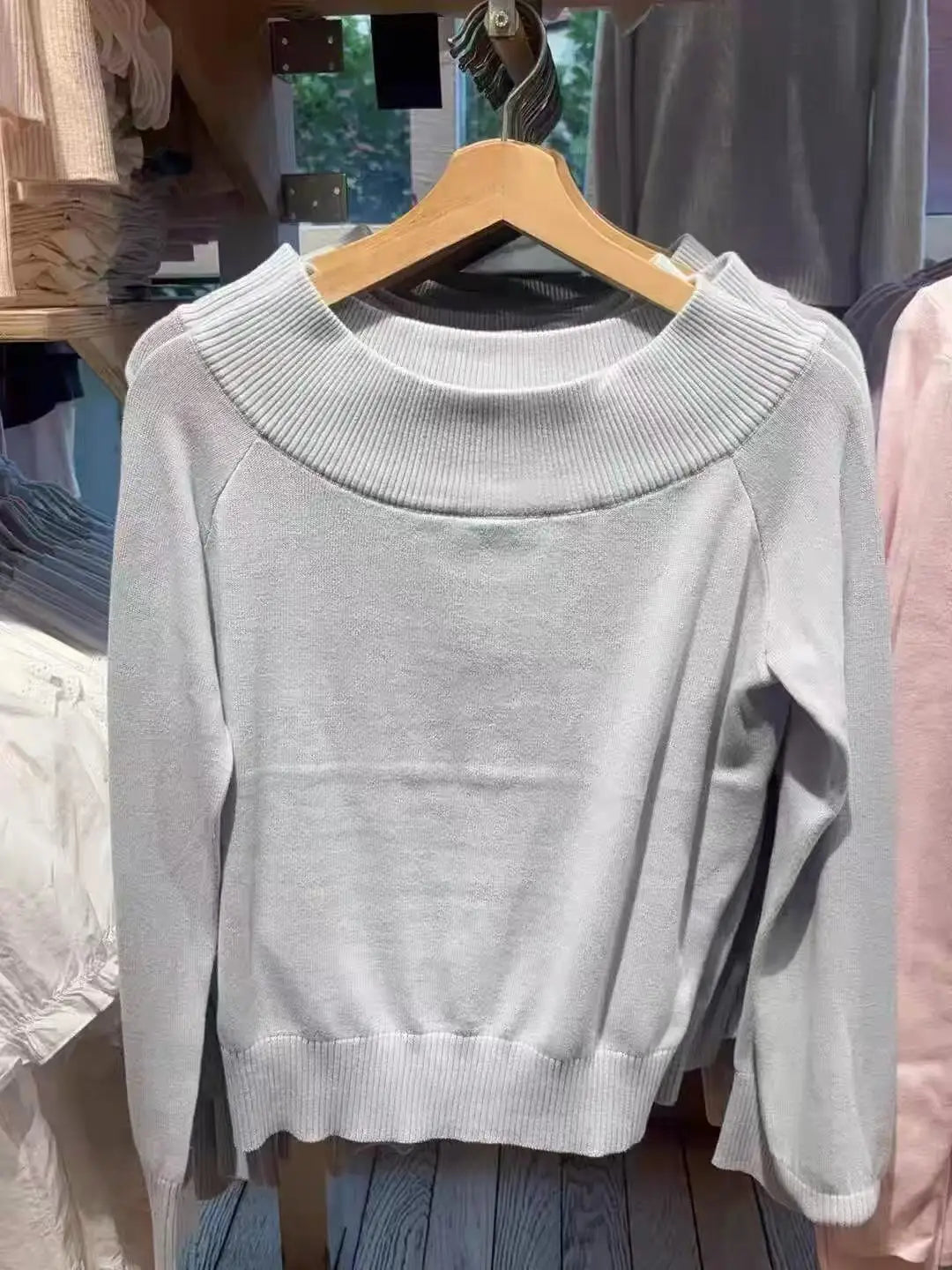 Simple Gray Blue Slash Neck Slim Knitted Sweater Women Casual Long Sleeve Cotton Pull Sweaters Sweet Preppy Style Jumpers Y2K