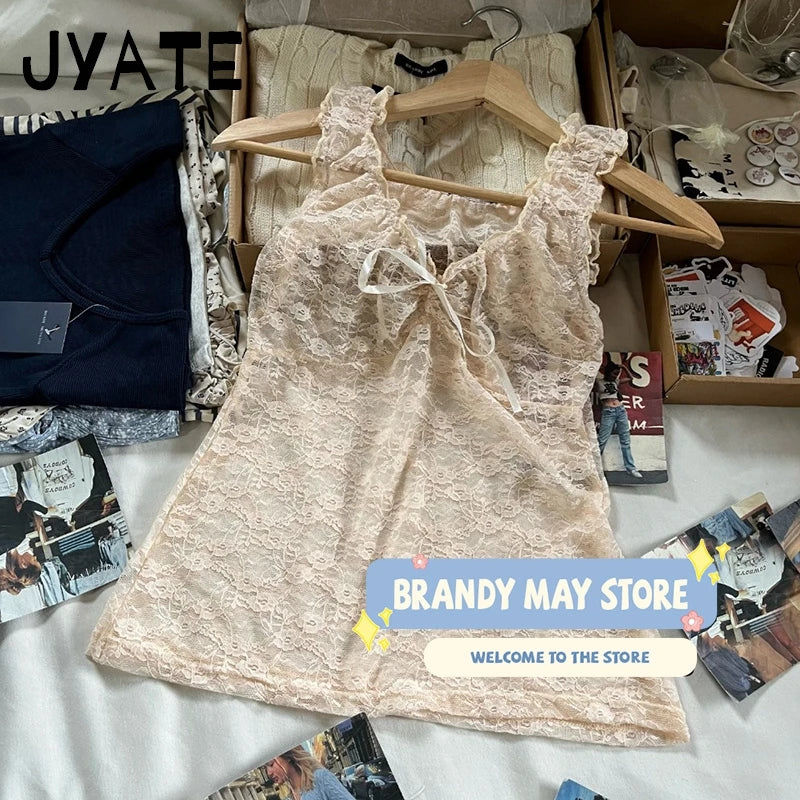 Floral Lace Sexy Transparent Solid Vests Women Cotton Bow V-neck Lace-up Sleeveless Thin Tank Tops Cute Streetwear Y2K Crop Tops