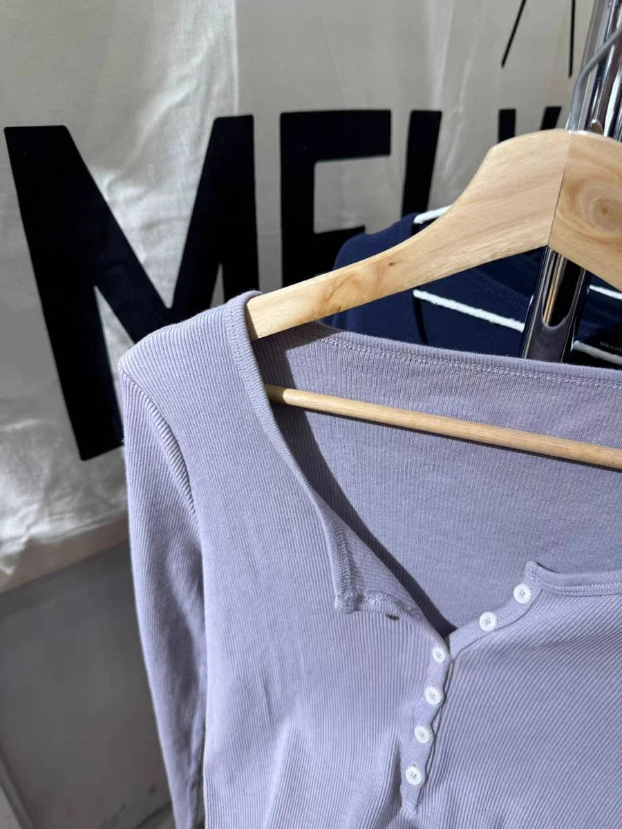 Taro Purple Ribbed Patchwork Long Sleeve Tees Women Autumn Simple Basic Buttons O-neck Tshirt Female Sweet Cute Cotton T-shirts