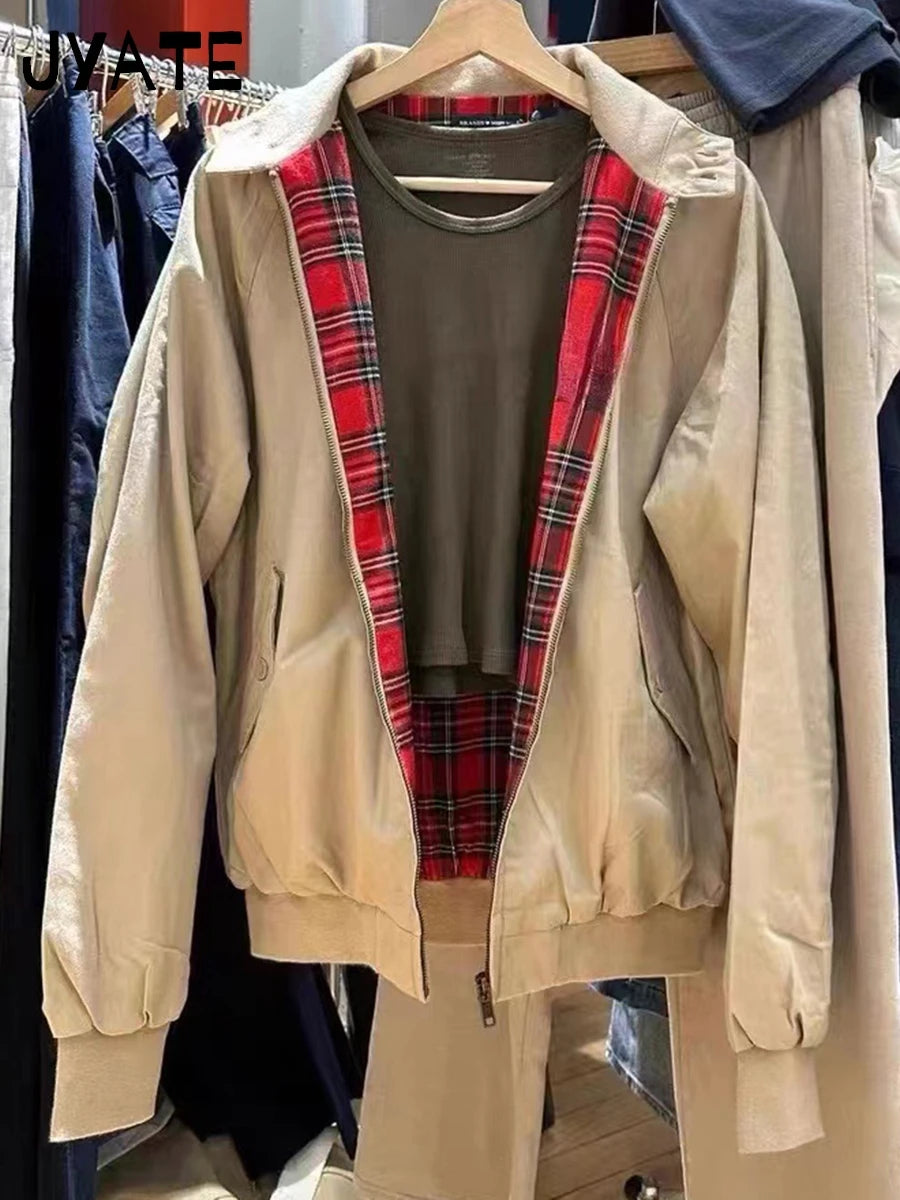 Harajuku Internal Red Plaid Zipper Flight Jacket Women Autumn Cotton Thick Stand Collar Loose Jackets Chic Vintage Y2K Coat Tops