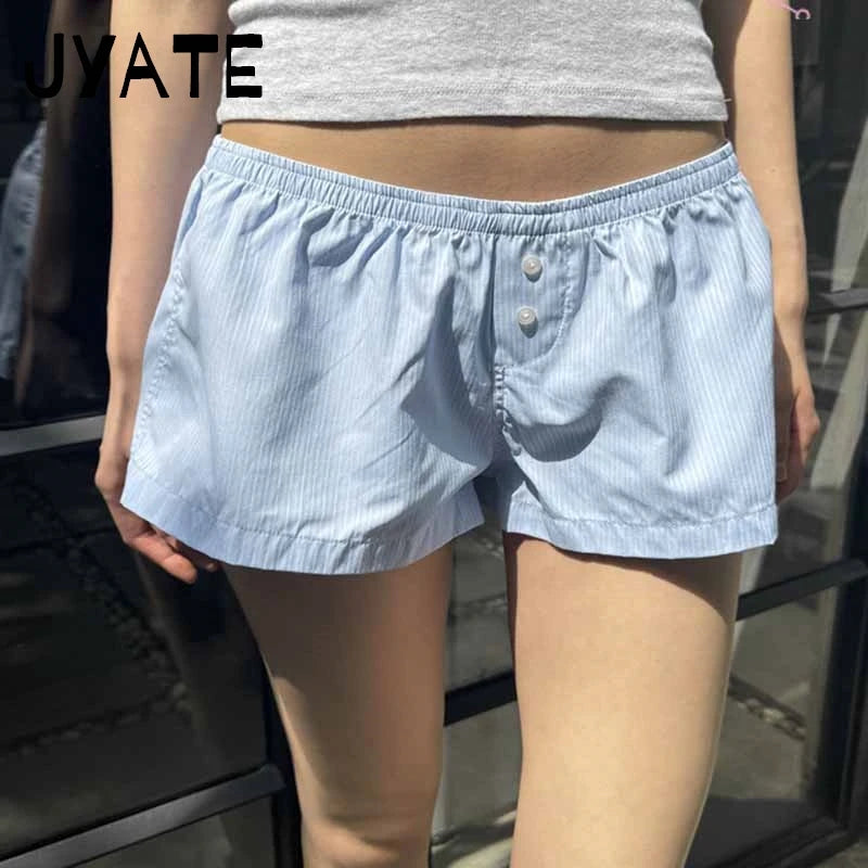 Sweet Pink Striped Button Short Pants Women Summer Cotton Loose Casual Elastic High Waist Home Underwear Cute Vintage Y2K Shorts