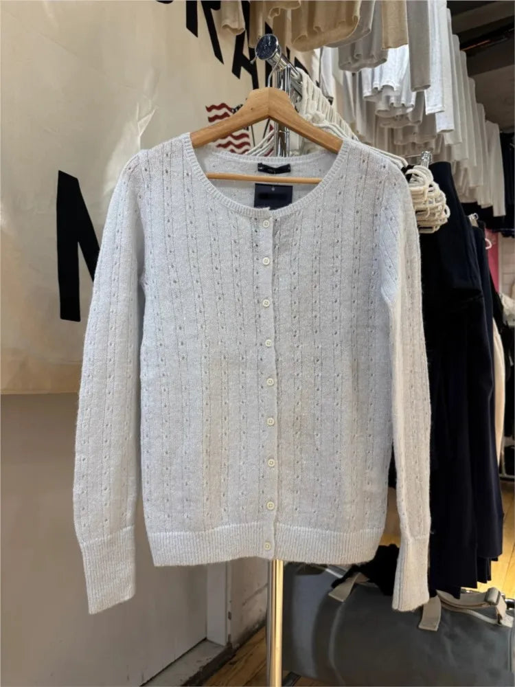 Hollw Out Mohair Long Sleeve T-Shirt Cardigan Women Autumn V-Neck Cotton Thin Smock Button Top Vintage Sweet Cute Tee Shirt Y2K