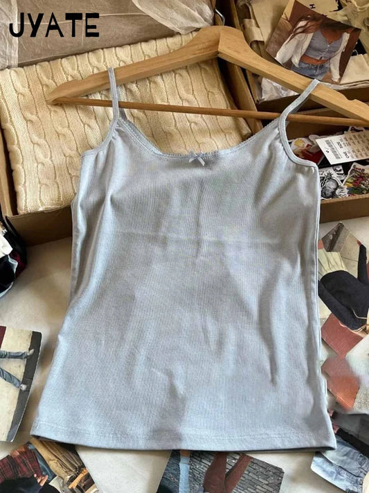 Fashion Bow O-neck Sleeveless Tank Tops Women Summer Street Casual Cotton Simple Basic Crop Vests Vintage Chic Sweet Camis Y2K