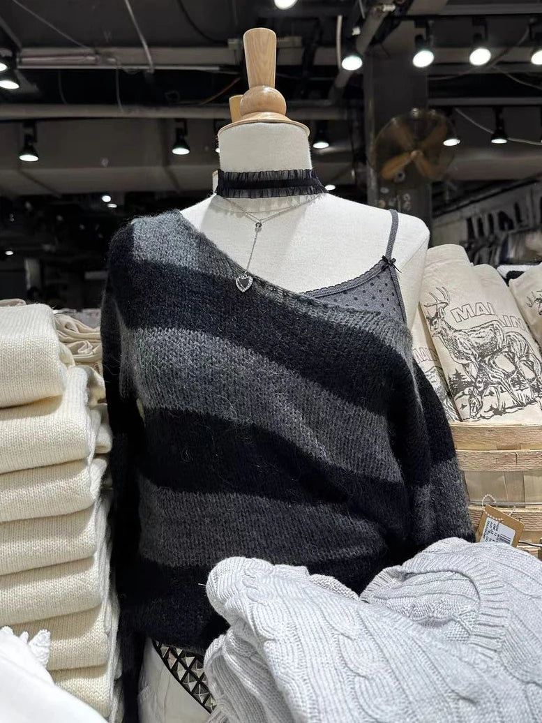 Retro Striped Knitted Long Sleeve T-Shirt Women Sweetwear Scoop Neck Cotton Thin Smock Autumn Vintage Sweet Tee Shirt Tops Y2K