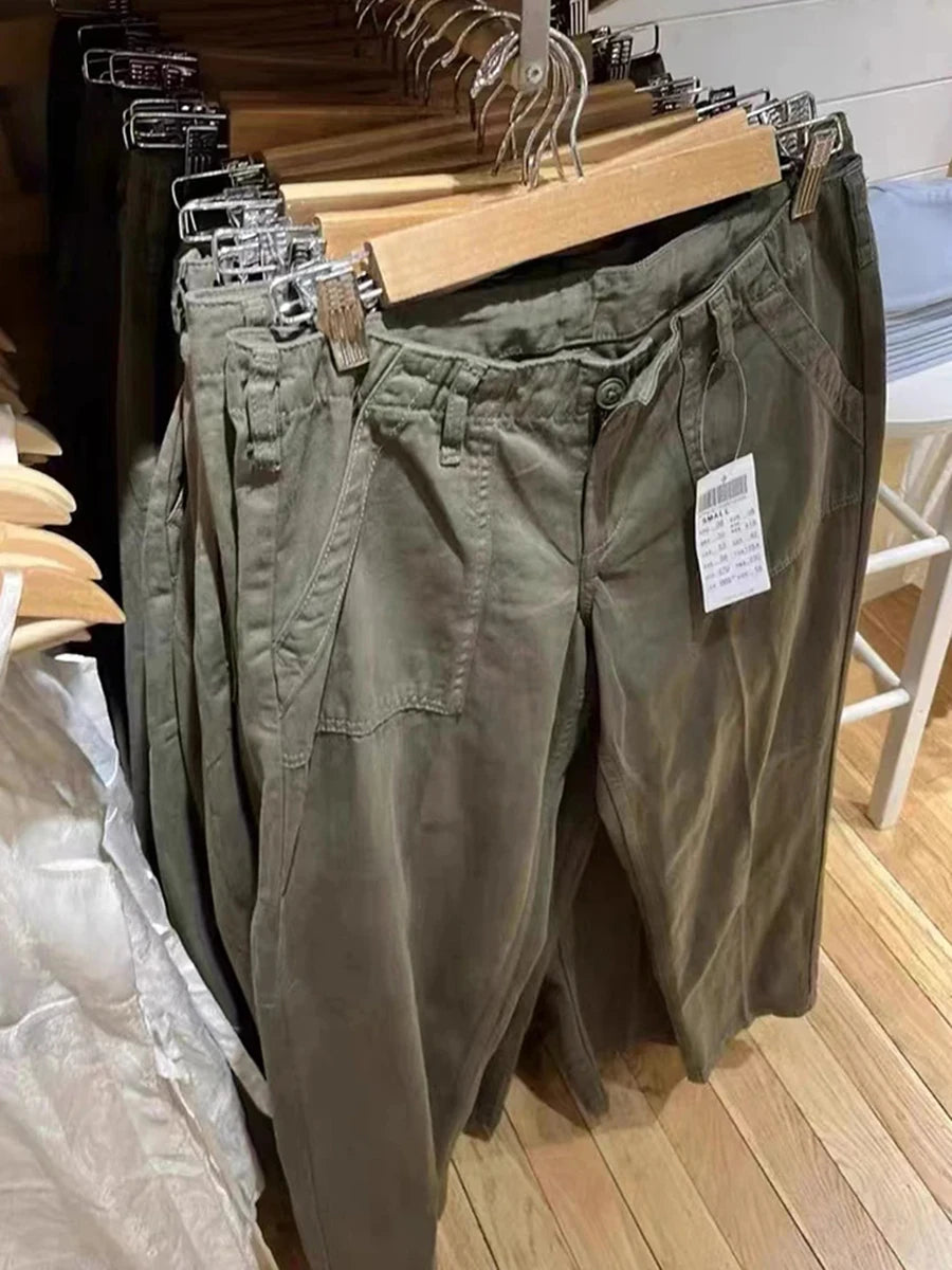 Vintage Army Green Retro Pockets Low Waist Straight Pants Women Spring Streetwear Casual Cargo Pant Harajuku Baggy Y2K Trousers