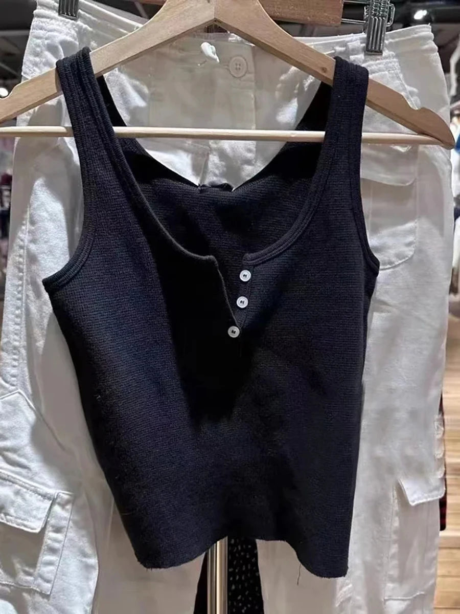 Fashion Solid Buttons Waffle Tank Tops Women Summer New Casual Cotton Raw Hem Slim Vests Female Y2K Streetwear Vintage Camisole