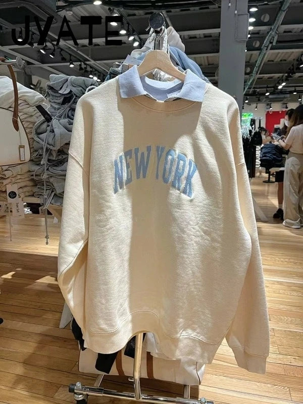 Letter Embroidery Sweatshirts Women Autumn New Casual O-neck Flag Long Sleeve Hoodies Vintage Harajuku Chic Pullover Top Y2K