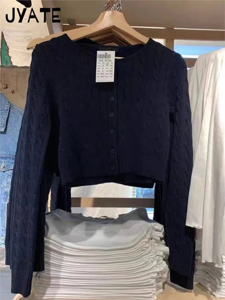 Vintage Navy O-neck Knit Cardigan Women Autumn New Cotton Casual Streetwear Slim Cropped Sweaters Simple Sweet Y2K Jumper Tops