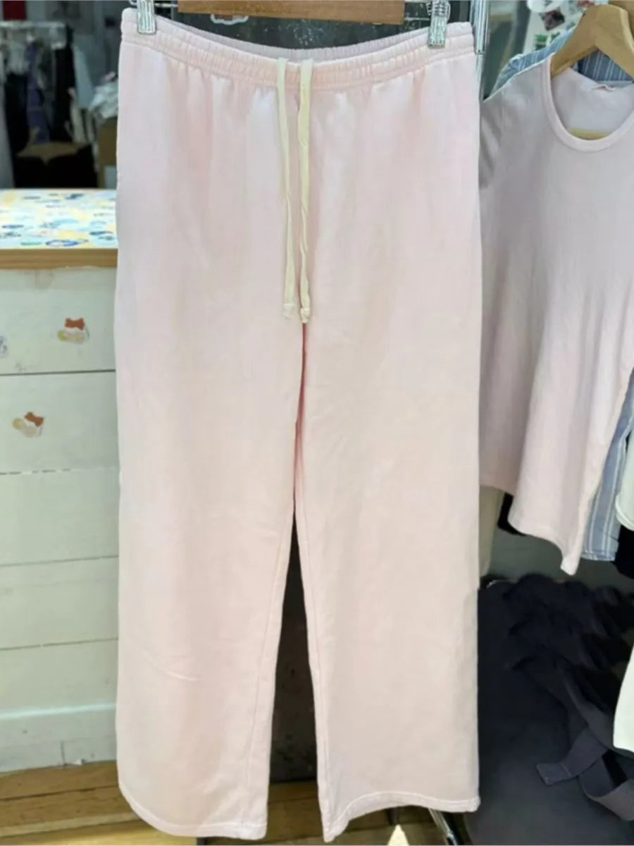 Sweet Pink Basic T-shirt Pant Sets Women New Casual O-neck Short Sleeve Tee+Straight Sweatpant Cute Preppy Style 2 Piece Set Y2K