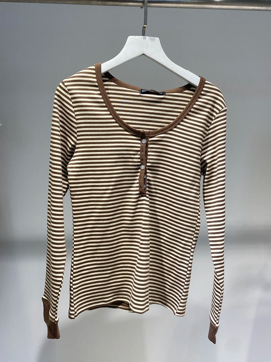 Zelly Tops Navy Striped Buttons Long Sleeve Tees Women Casual Chic Cotton T-shirt Cute Preppy Style Slim Tshirt