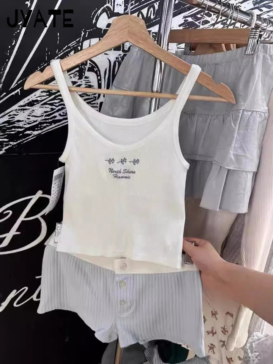 Letter Embroidery U-neck Crop Tops Women Summer New Cotton Casual Ribbed Cropped Sleeveless Vest Vintage Sweet Chic Tank Top Y2K