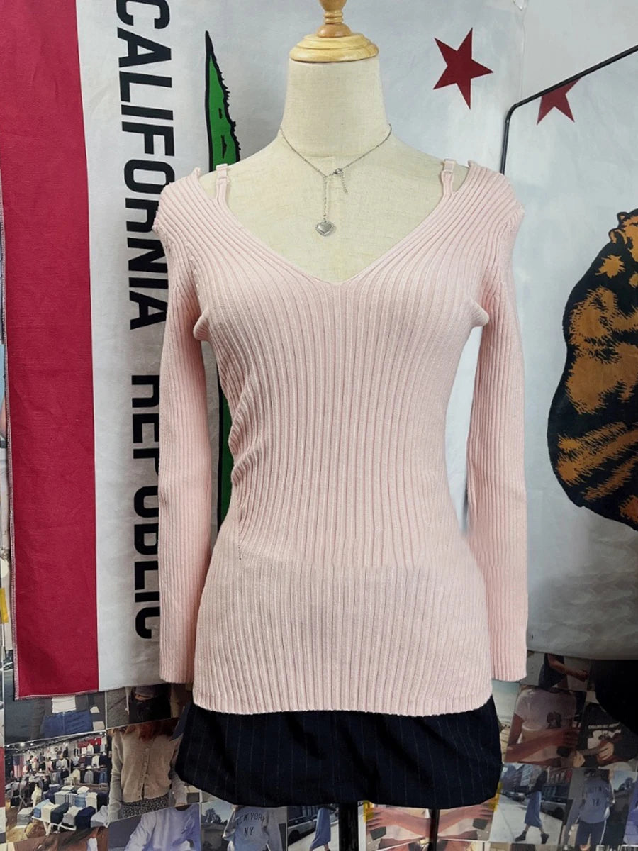 Sweet Fake Two Pieces Knit Long Sleeve T-shirt Women Autumn Pink Sexy Off Shoulder V-neck Slim Tees Casual Fairycore Y2K T Shirt