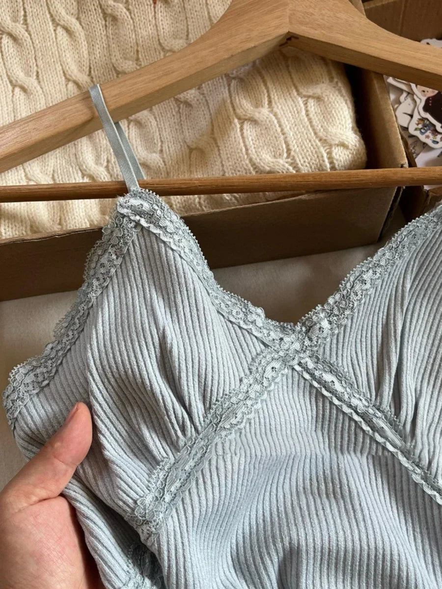 Sweet Lace Trim Blue V-neck Tank Tops Women Summer New Cotton Sleeveless Ribbed Slim Camisole Female Cute Vintage Vests Y2k