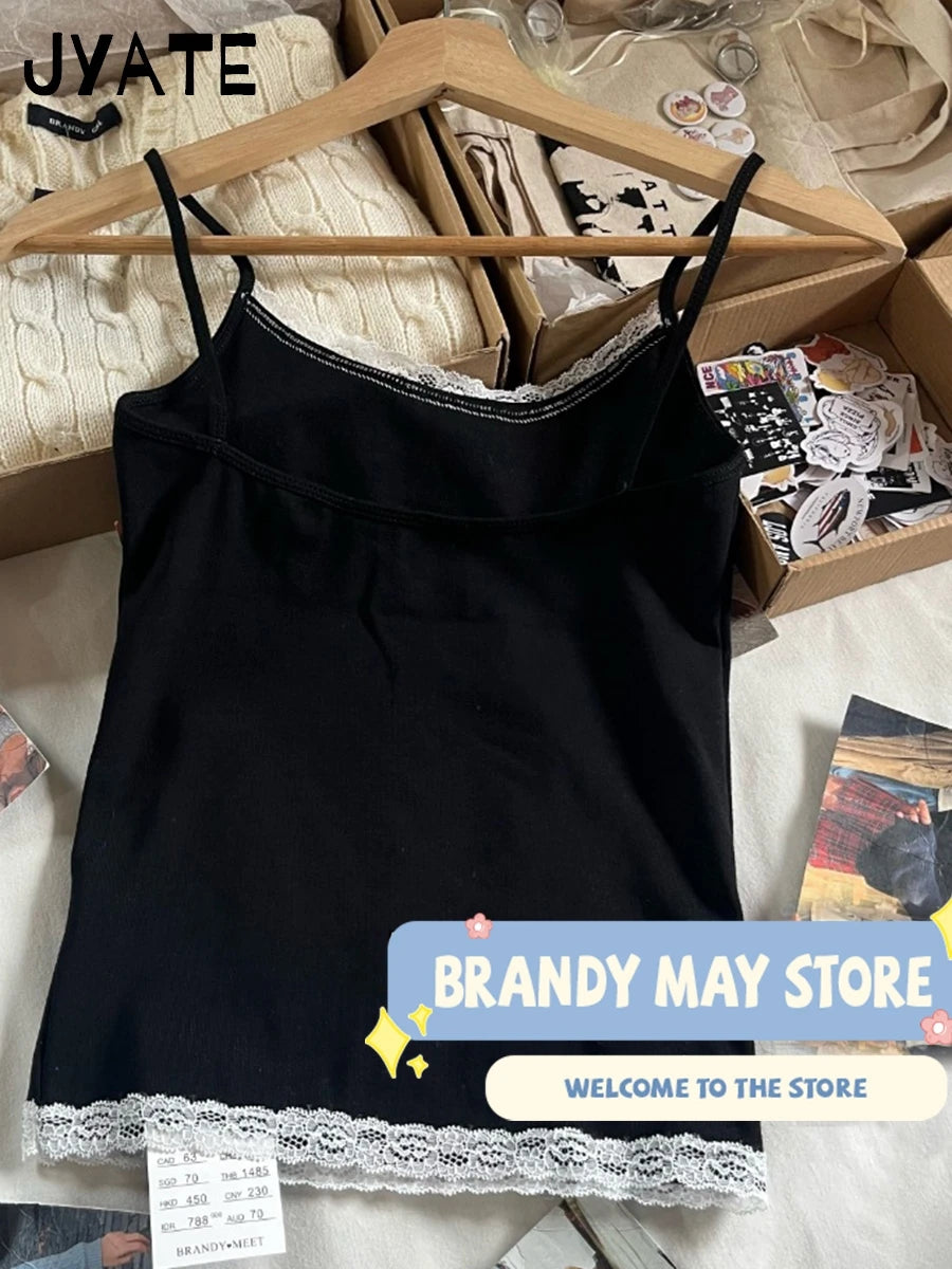 Harajuku Lace Trim U-neck Tank Tops Women New Cotton Sexy Slim Streetwear Bow Sleeveless Vests Vintage Chic Sweet Camisole Y2K