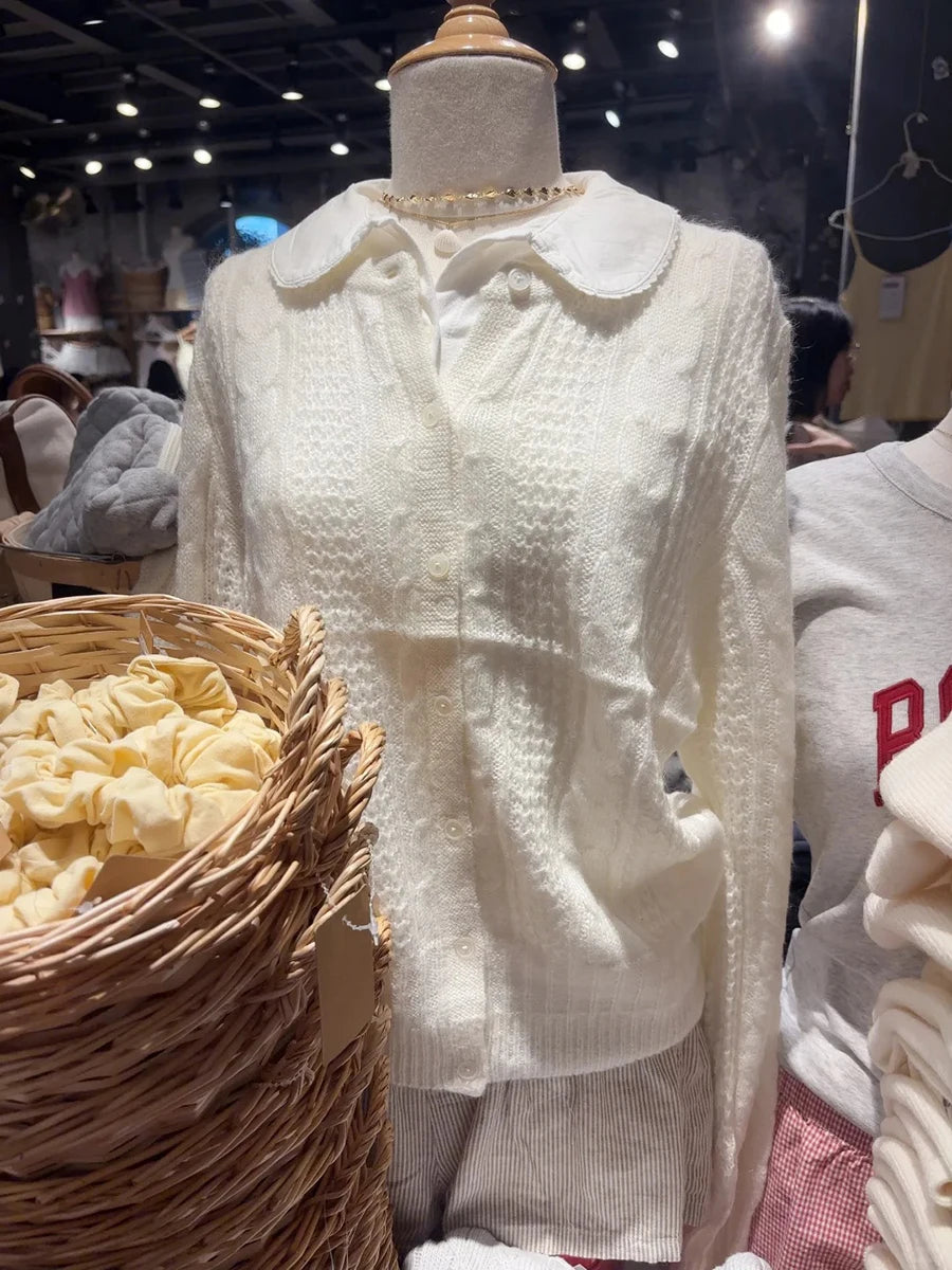 Twisted Mohair Cotton Sweet Cardigan Women Autumn Chic O-Neck Buttons Long Sleeve Jumper Top Simple Sweet Cute Sweaters Coat New