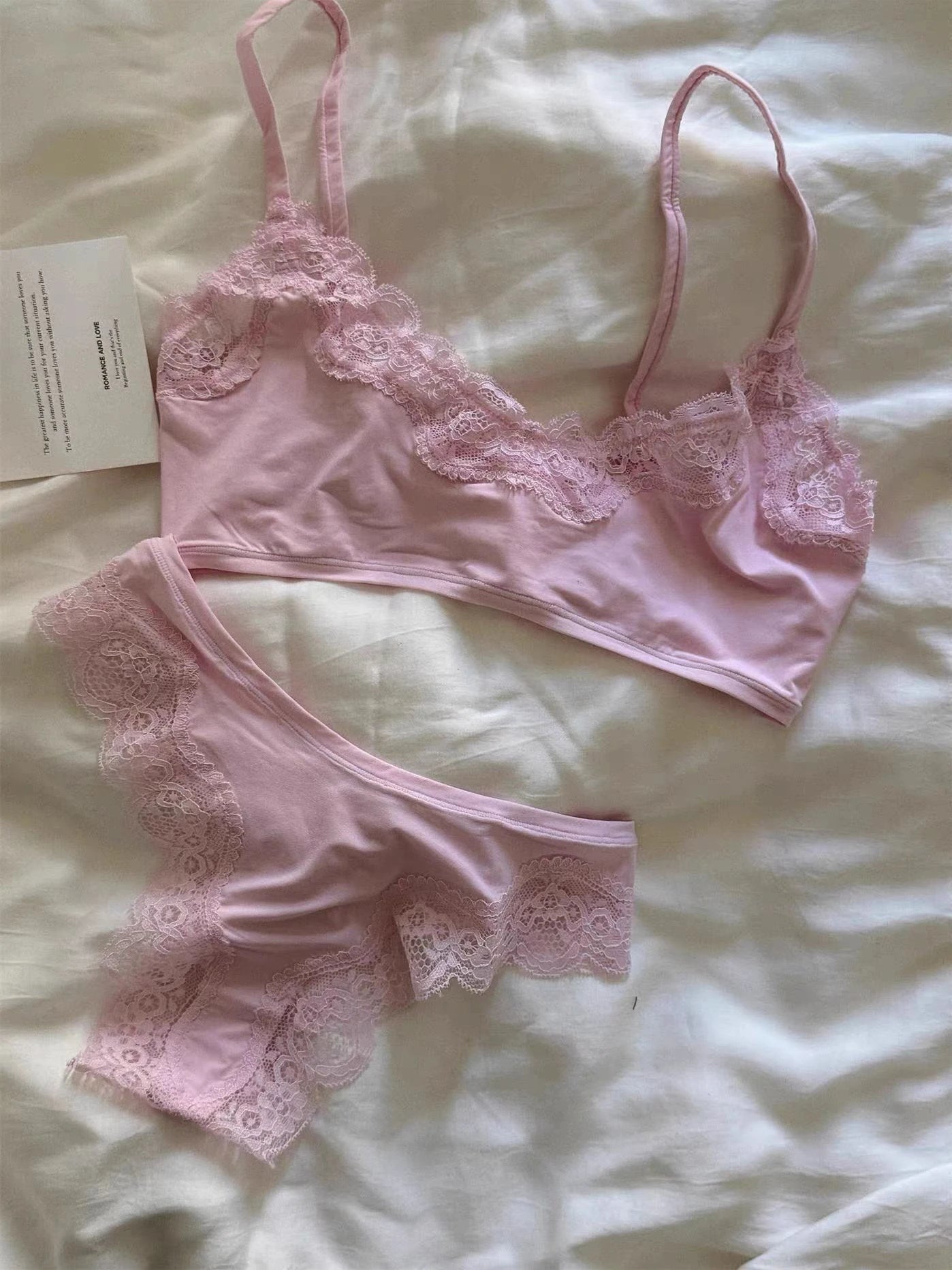Pink Lace Bra Set Woman Adjusted-strap Seamless Bras+Low Waist Panties Female Casual Simple Solid High Elasticity Lingerie Sets