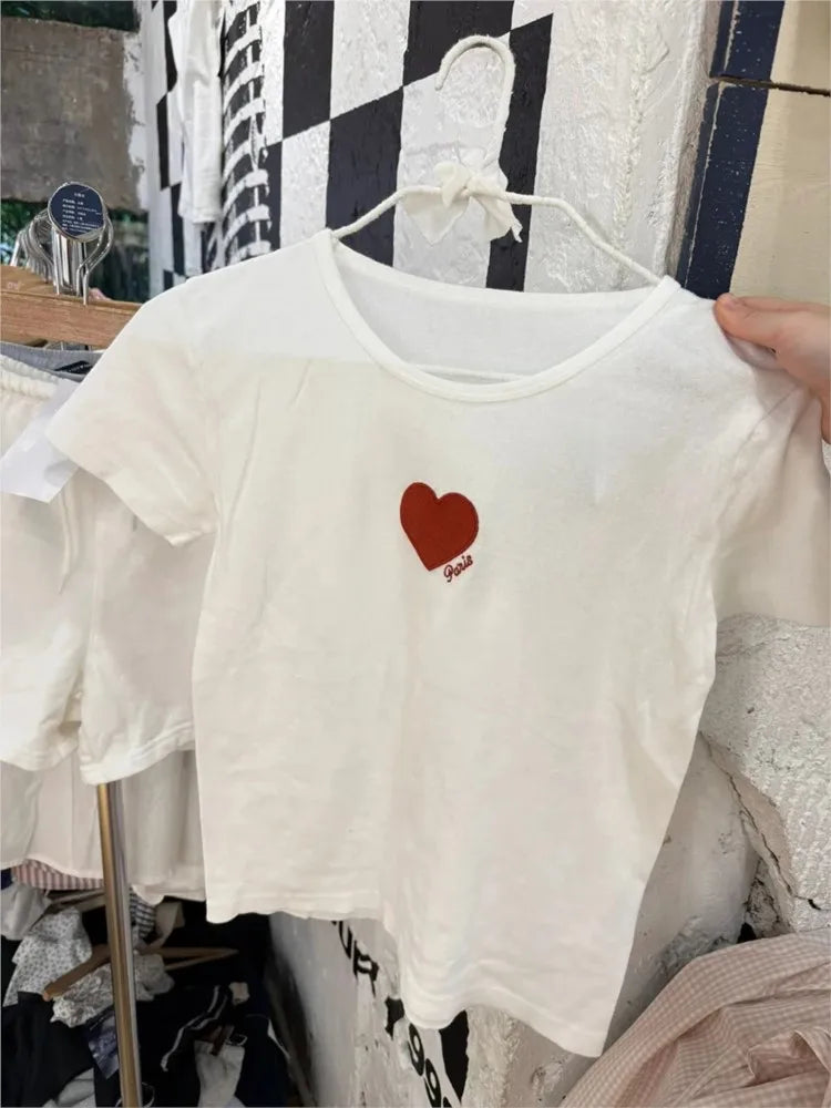Red Heart Embroidery T-shirts Women Summer Cotton O-neck Casual Preppy Style Short Sleeve Tees Vintage Cute Sweet  Tops Y2K