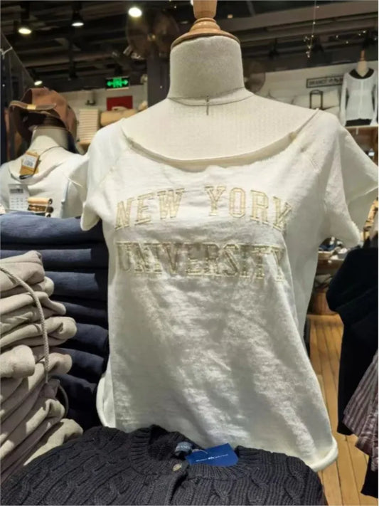 Letter Patchwork Embroidery T-shirts Women Casual Simple Raw Hem Slash Neck Short Sleeve Tees Vintage Chic Sweet Crop Tops Y2K