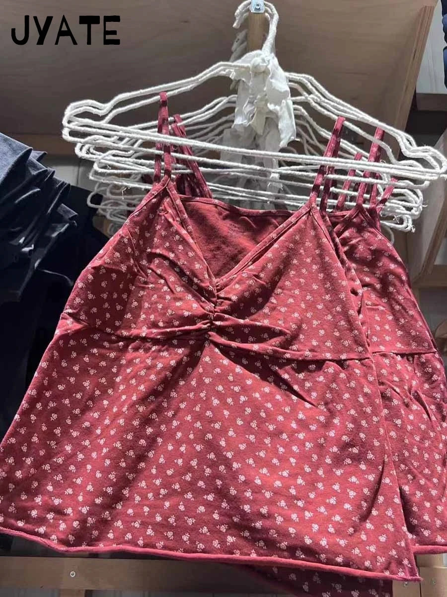 Sweet Red Floral Print Folds V-neck Tank Tops Women Summer New Casual Slim Sexy Sleeveless Vests Vintage Cute Chic Camisole Y2K