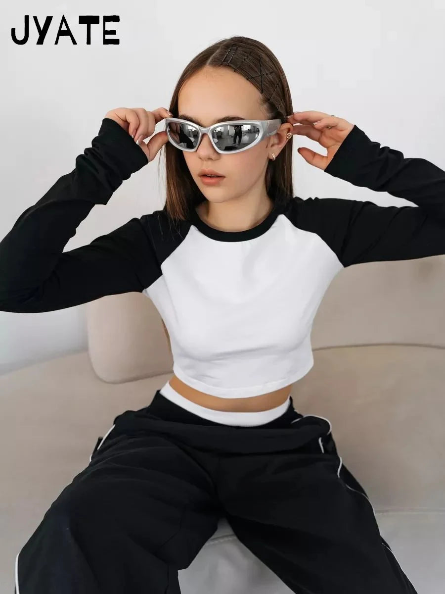 Fashion Ribbed Patchwork Long Sleeve Tees Women New Casual Streetwear Basic Pullover Crop Tops Vintage Preppy Style T-shirts Y2K
