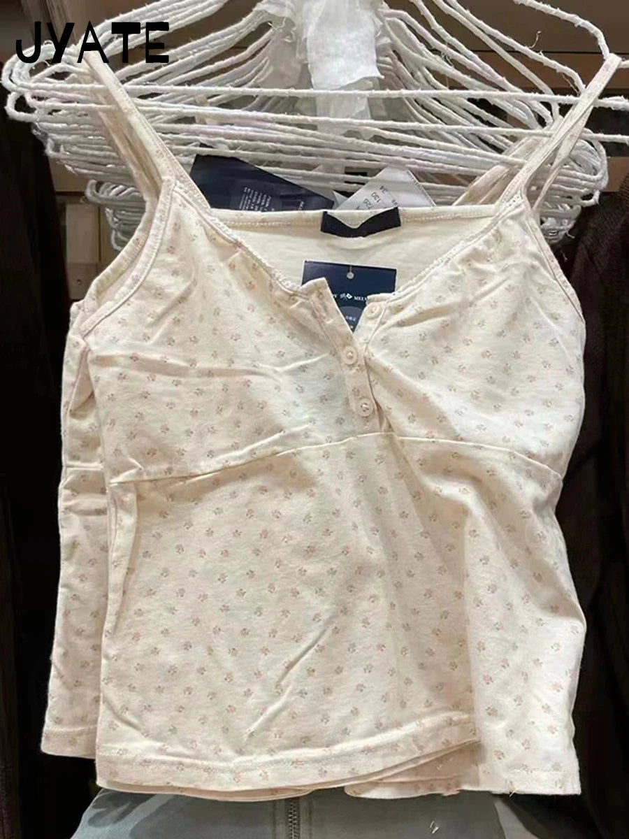 Retro Brown Lace Trim Buttons Tank Tops Women Summer V-neck Cotton Sexy Slim Sleeveless Crop Top Sweet Vintage Chic Y2K Camisole