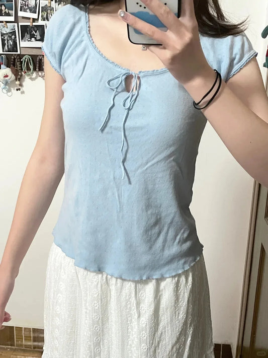 Blue Eyelet Lace Trim Crop Top Women All-match Cotton Lace-up O-neck Short Sleeve Tshirts Sweet Cute Simple Cropped Tee Tops