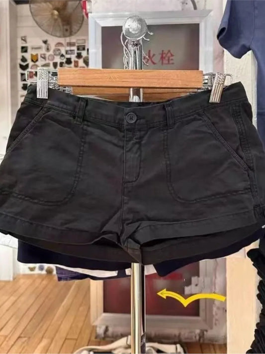 Black Pocket Button Cargo Shorts Women Summer Cotton Casual Loose Elastic High Waist Short Pants Vintage Sweet Chic Sweatshort