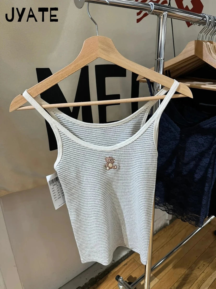 Little Bear Embroidery Slim Tank Tops Women Summer New Casual Cotton Soft U Collar Sleeveless Vests Vintage Sweet Cute Camis Y2K