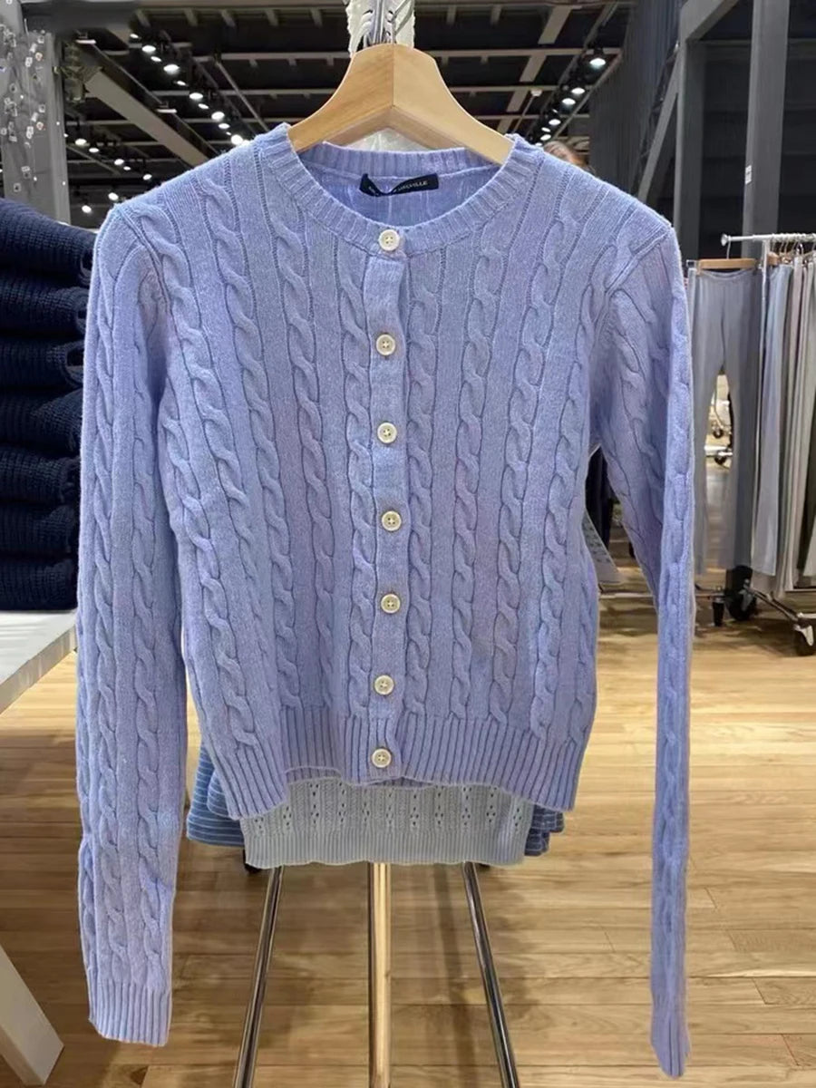 Blue Vintage Long Sleeve Knitted Cardigan Women New Cotton O-neck Casual Button Jumper Coat Sweet Preppy Style Sweater Y2K Tops