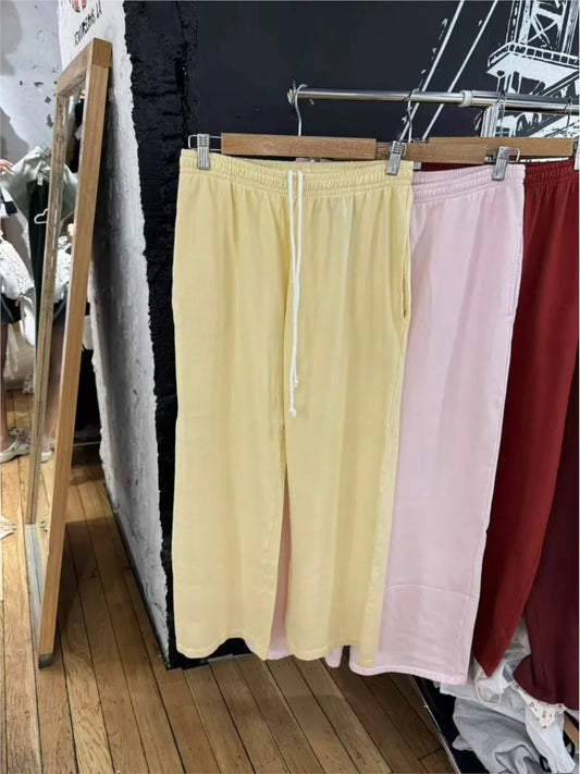 Yellow Cute Drawstring Straight Sweatpants Women New Elastic Waist Cotton Loose Trousers Casual Preppy Style Sport Long Pant Y2K