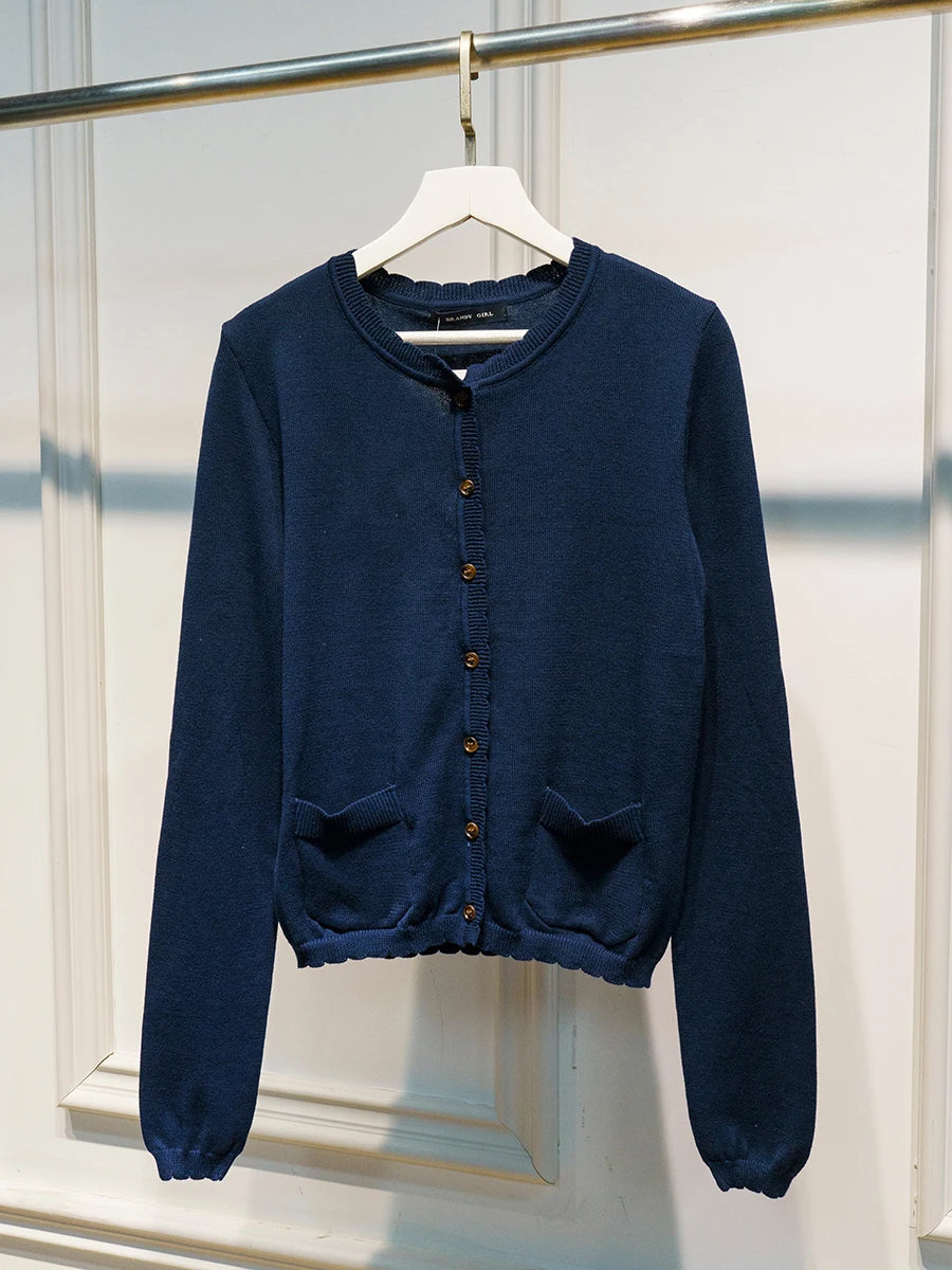 Navy Pocket Knit Sweater Coat Women Autumn Lace Trim Neck Button Casual Solid Jumper Tops Sweet Cute Preppy Style Cardigan New