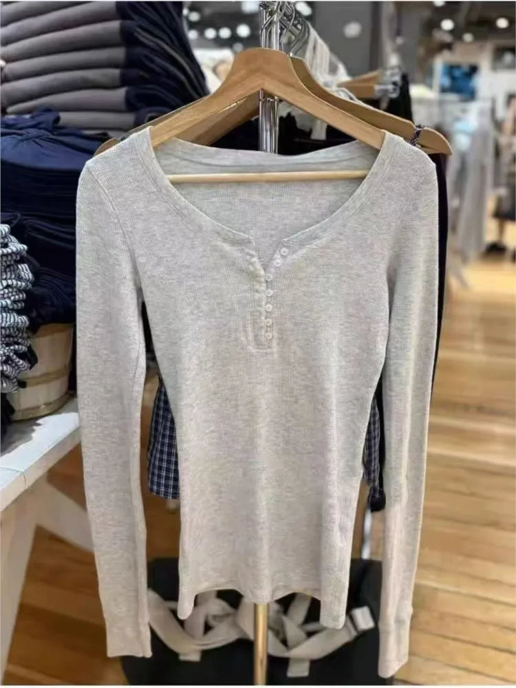 Waffle Button Gray Long Sleeve Tee Women Autumn Cotton Buttons Slim TShirt Zelly Tops Shoujo Clothes Simple Basic Sweet T-shirts