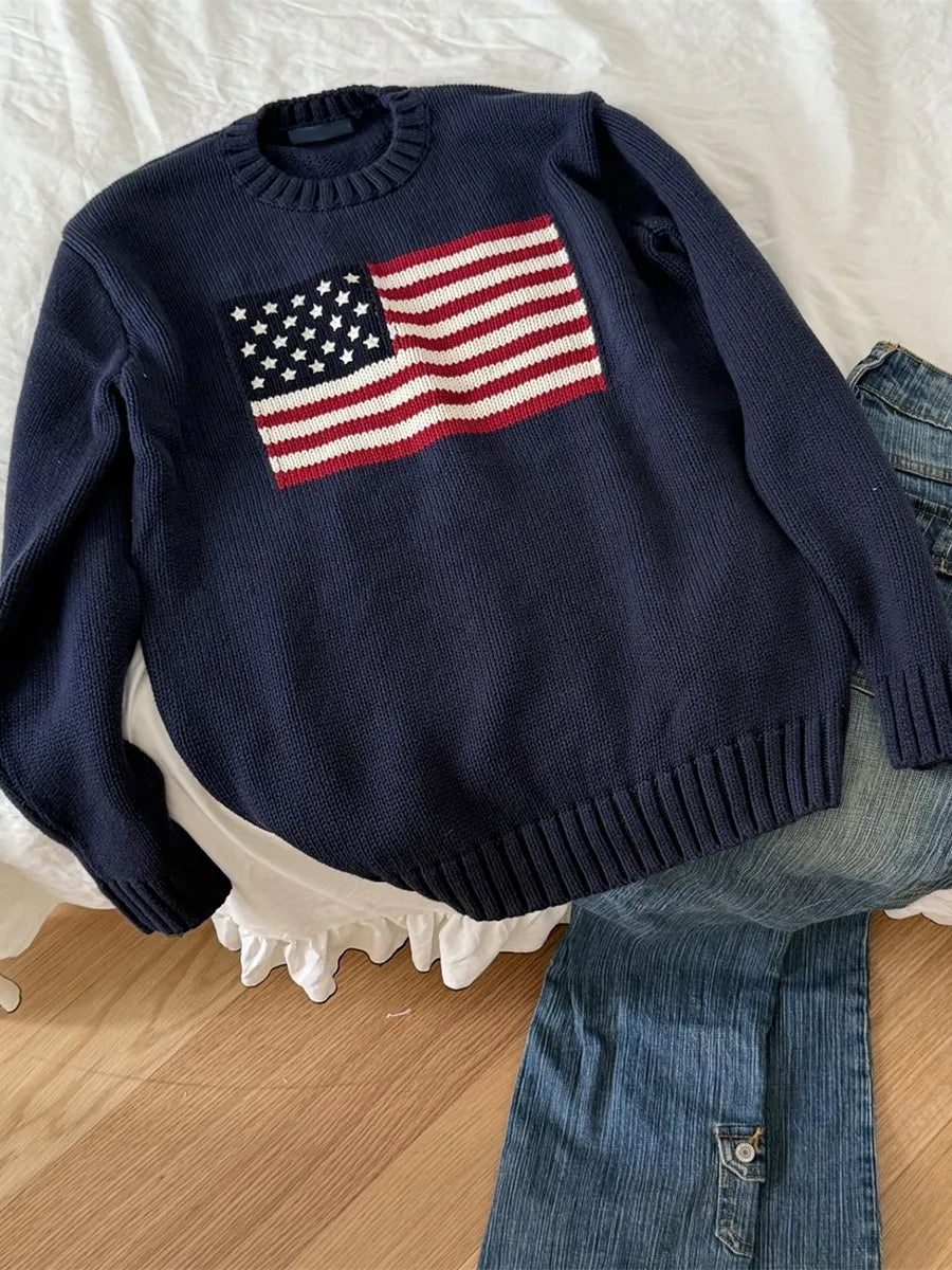Retro Flag Jacquard Graphic Sweater Women Crew Neck Long Sleeve Jumper American Vintage Preppy Style Knitted Tops Pullover  Y2K