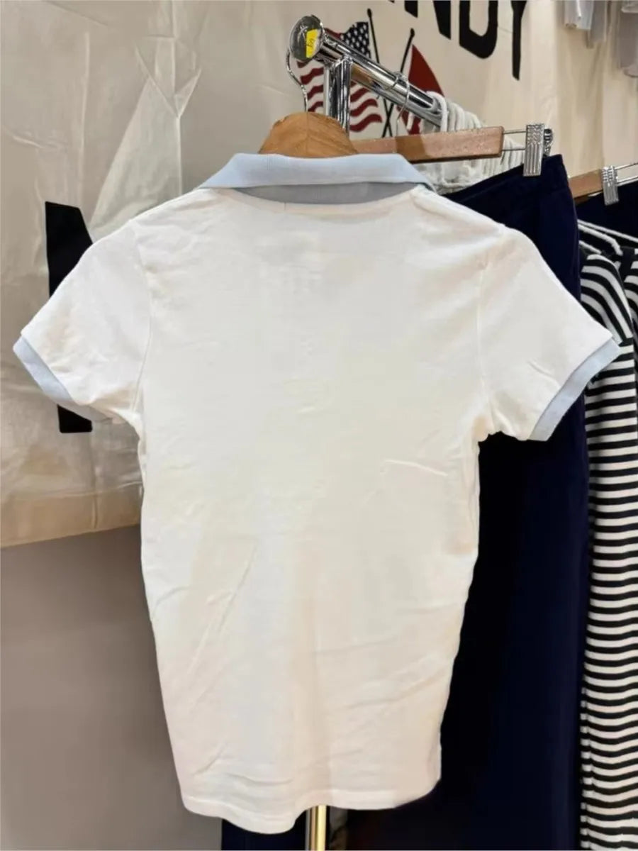 White Blue Patchwork Polo T-shirt Women Summer Cotton Turn Down Collar Short Sleeve Tees Sweet Preppy Style T Shirt Clothes Y2K