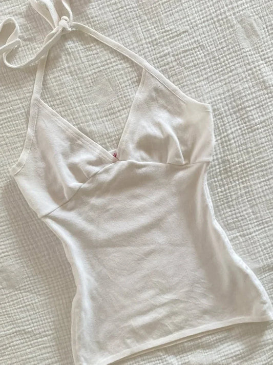 Sweet V-neck Halter Tank Tops Women Summer New All-match Sexy V-neck Slim Camisole Casual Vintage Preppy Style Cute Crop Top Y2K