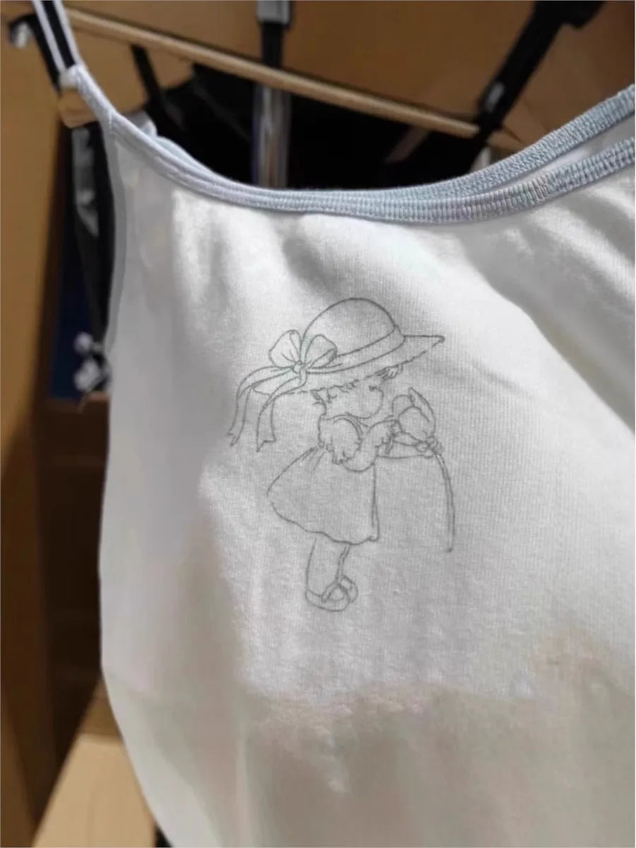 Sweet Girl Print Patchwork Camisole Women New Cotton Soft Casual Slim Sleeveless Cropped Vests Sweet Cute Preppy Style Tank Tops