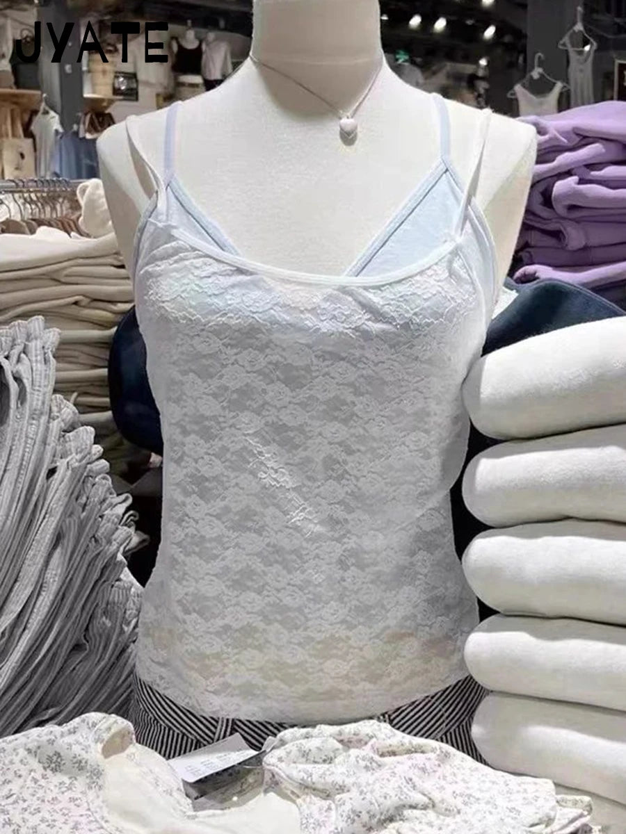White Bow Lace Sheer Slim Tank Tops Women Summer New Sexy All-match Smock Preppy Style Crop Top Sweet Cute Y2K Camisole Clothes