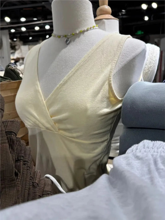 Yellow Slim V-neck Tank Top Women Summer Casual Simple Cotton Sleeveless Vest Clean girl Preppy Style Sweet Basic Camis OOTD New