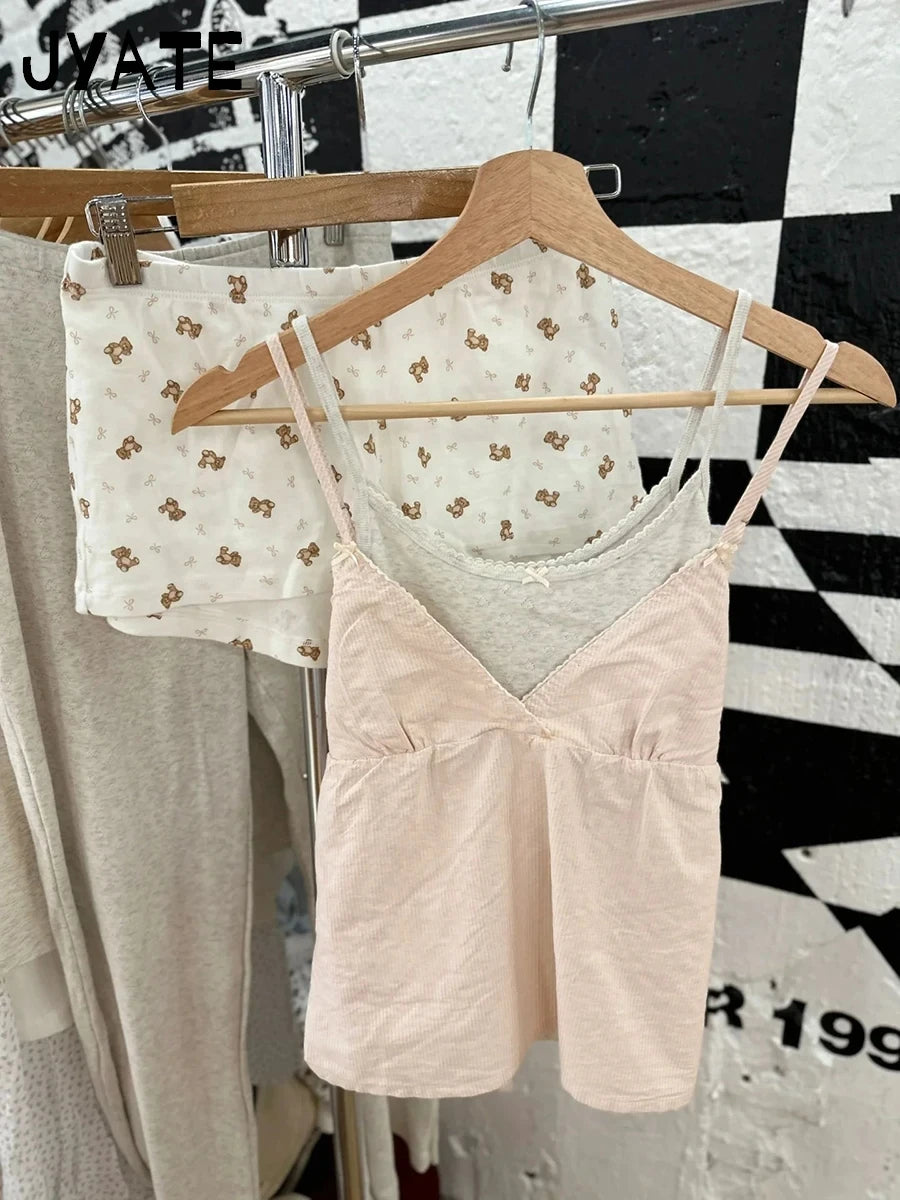 Sweet Pink Striped V-neck Bow Camis Women Summer New Cotton Casual Preppy Style Sleeveless Vests Vintage Chic Cute Tank Tops Y2K